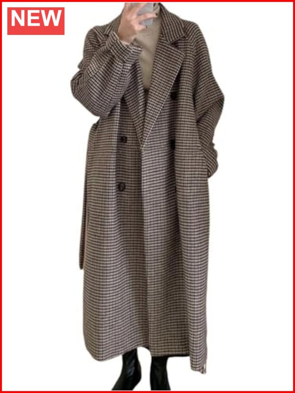 Women's Plaid Tweed Blazer Coat Double Breasted Belted Midi Pea Coat Long Sleeve
